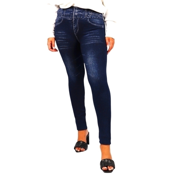 TRÏBE High Waist Dark Denim Style Fleece Lined Stretch Jegging O/S NWT - Picture 1 of 2